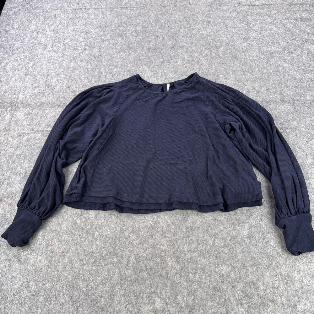 Free People Shirt Womens Medium Navy Blue Ribbed Knit Bishop Sleeve Top Pleated